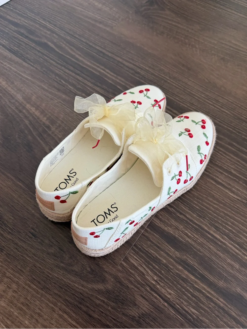 TOMS Cream Canvas Espadrille Slip-Ons with Red Cherry Embroidery